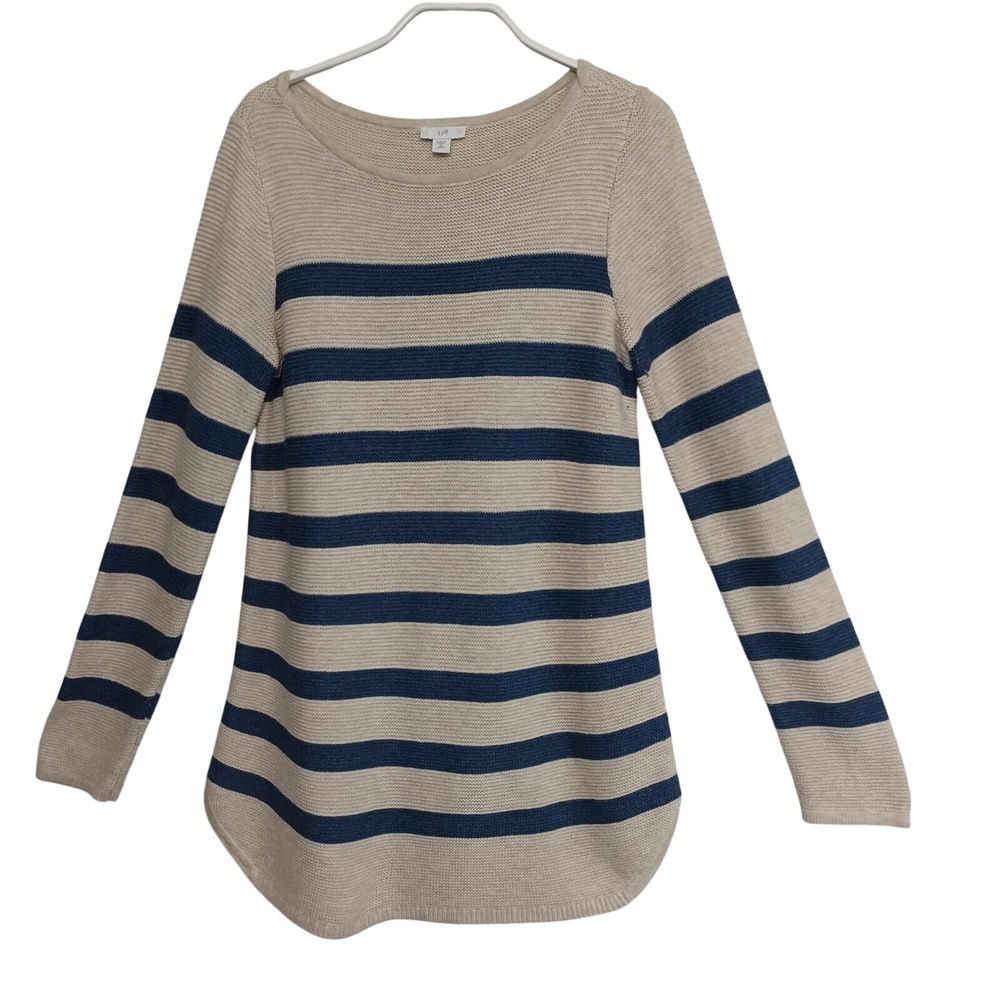 J Jill Sweater Womens Petitie X Small Blue Gray Wide Striped Pullover Nautical